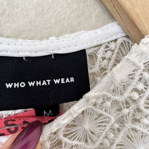 Who What Wear White Lace Cutout Dress Size Medium 3/4 Sleeves Bell Sleeve - Picture 5 of 8